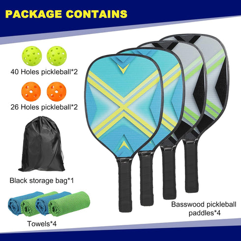 PATIKIL Pickleball Paddles Set with 4 Premium Wood Rackets, Cushion Grip, 4 Balls, Cooling Towels, Carry Bag