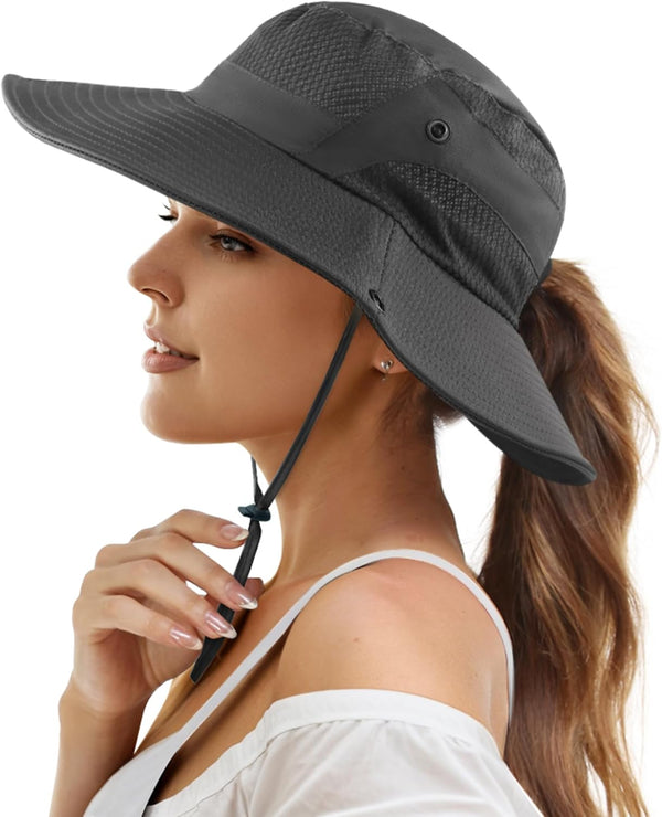 Womens Wide Brim Ponytail Sun Hat - Mesh Bucket Hat with UV UPF50 Protection for Summer Travel