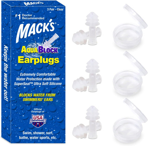 Mack's AquaBlock Swimming Earplugs, 3 Pair Comfortable Waterproof Silicone Ear Plugs for Swimming