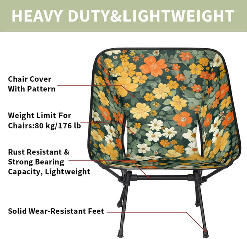 Backpacking Flowers Green Portable Camping Chair, Folding Chairs for Outside, Lightweight Chair, Outdoor Collapsible