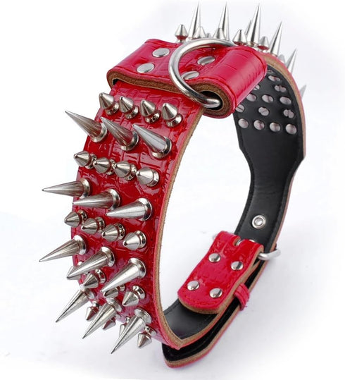 Pet Artist 2" Wide Luxury Genuine Leather Spiked Studded Dog Collars for Medium & Large Dogs, Red, XL, Neck 21-24"