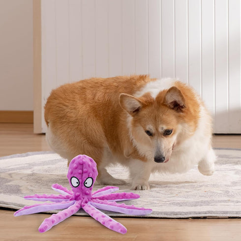 Squeak Dog Toy, 12.5In Plush Octopus with Crinkle Paper and Squeaky Inside, No Stuffing for Indoor Dogs (Purple)