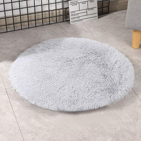 16 Inch Plush Dog Bed Mat Warm Fluffy Round Puppy Crate Pad with Anti-Slip Waterproof Bottom Soft Comfy Pet Kennel Mat for Small and Medium Dogs Sleeping(Light Grey)