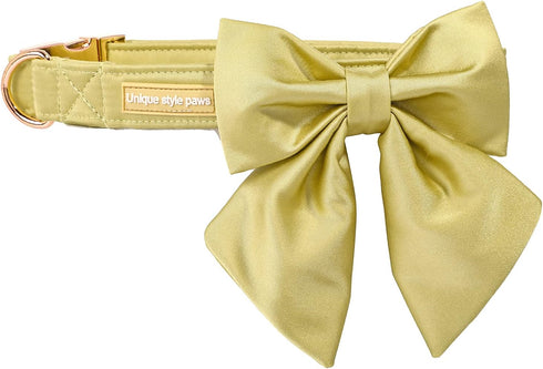 Unique Style Paws Adjustable Silk Dog Collar with Bow for Medium Dogs, Yellow Color, Durable