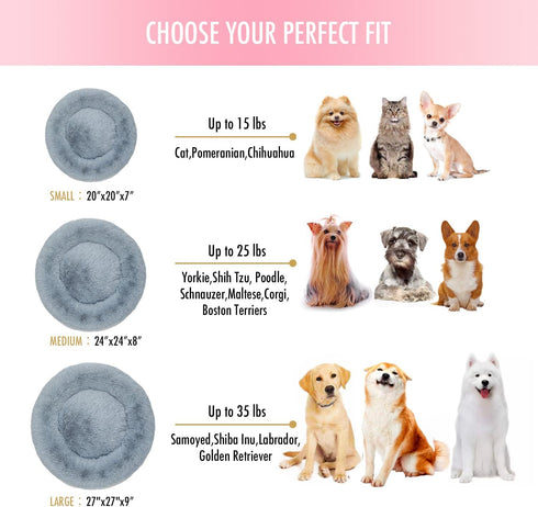 Anti Anxiety Round Fluffy Plush Faux Fur Dog Bed, Washable Bed for Small Medium Large Pets, Relieves Joints, 24", Light