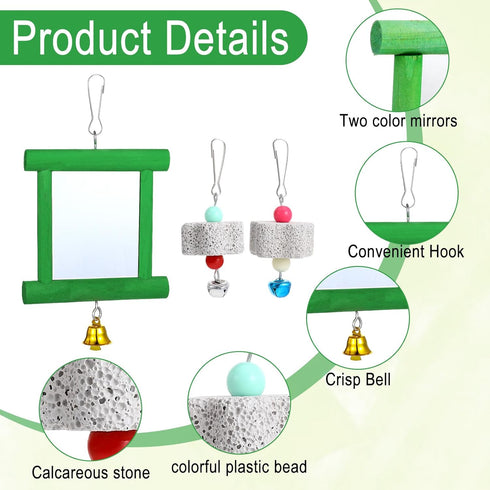 Dplolng Chicken Mirror Toys with Bells, Hanging Swing Mirror, Wooden Pecking Toy, Beak Grinding Molar Stones for Hens