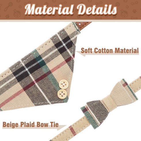 EXPAWLORER Small Dog Collar and Leash Set - Plaid Bow Tie and Bandana Collar with Bell, Adjustable for Small Medium Dogs