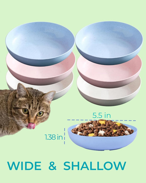 6-Pack Cat Food Bowls with Non-Slip Feet, Whisker Fatigue Dishes for Indoor Cats, 5.5" Flat Plates