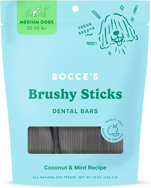 Bocce's Bakery Dailies Brushy Sticks for Oral Health & Fresh Breath, Wheat-Free Dental Bars for Medium Dogs