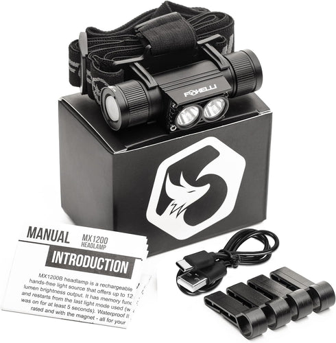 Foxelli Ultra Bright Rechargeable Headlamp - 1200 Lumen LED Light, IPX7 Waterproof, with Battery & Hooks