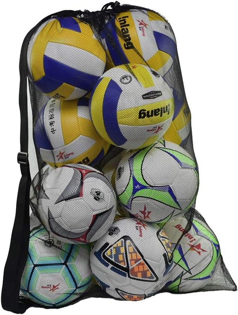 Heavy Duty Mesh Ball Bag, Drawstring Storage Bag for Basketball, Soccer, Sports Gear with Adjustable Strap