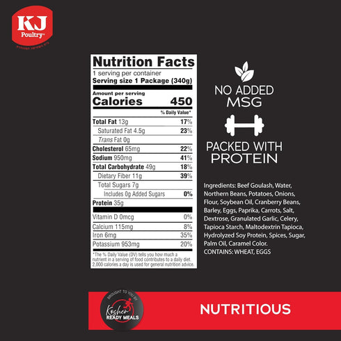 (1 Pack) KJ Poultry Kosher Ready Meals - Beef Chulent & Kugel, MRE Meat Meals Ready to Eat, Shabbos Food Prepared