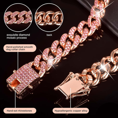 Dog Chain Collar Diamond Link Walking Necklace with Secure Buckle, Pet Crystal Collar for Small Medium Large Dogs Cats