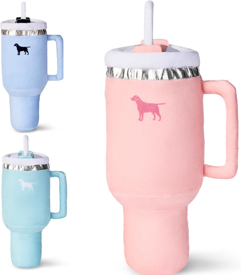 Pup Cup Tumbler Plush Dog Toy, Cute Funny Squeaky Parody Gift (Pink Peach Dust)