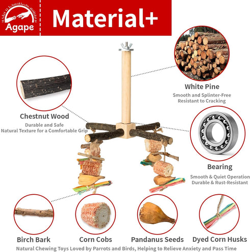Finches Agape Rotating Parrot Perch Toy with Chew Toy, Natural Wooden Perch Stand for Small & Medium Birds, Bird Cage