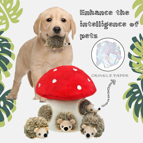 5 Pack Hide and Seek Dog Toys, Mushroom Crinkle Paper Hideaway with Squeaky Hedgehogs Interactive Plush Puzzle Puppy