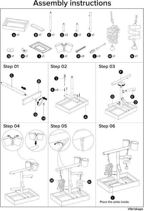vibriskape Bird Playground, Natural Wood Bird Play Stand with Stand Perch, Two Toys, Two Food Cups, and Removable Tray