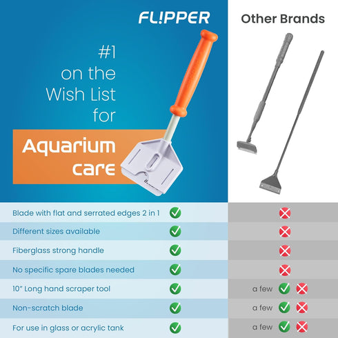 FL!PPER Flipper Platinum Aquarium Algae Scraper (10” Rigid Shaft) - Glass Cleaner Tool with Serrated Blade for Fish