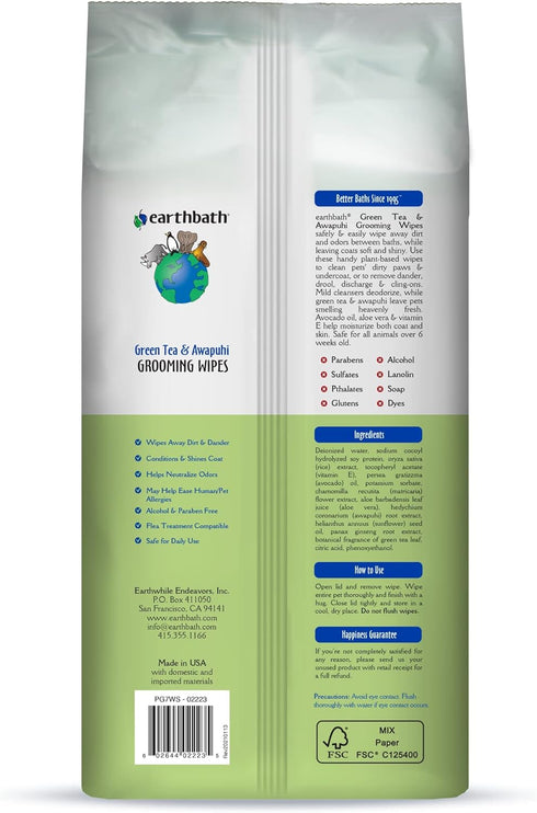 earthbath Green Tea & Awapuhi Grooming Wipes - Dog Wipes for Paws and Butt, 100 Count (2 Pack)
