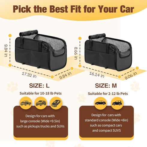 (Width9.5in) 10-18lbs, YUDODO Large Dog Car Seat for Center Console Fits Anti-Slip Puppy Cat Travel Portable Booster