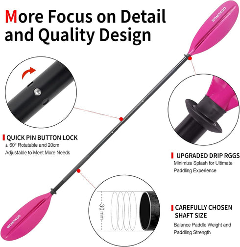 Kayak Paddle with Aluminum Shaft, Nylon Blades, Adjustable 3 Piece Oars, 220-240cm/86-94 Inches, Black/Rose/Teal
