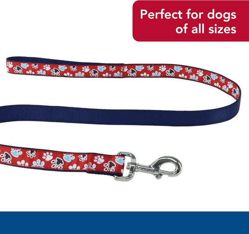 Coastal Pet Ribbon Dog Leash, Durable Fade-Resistant Nylon Material, Red with Paws, 1" x 6'