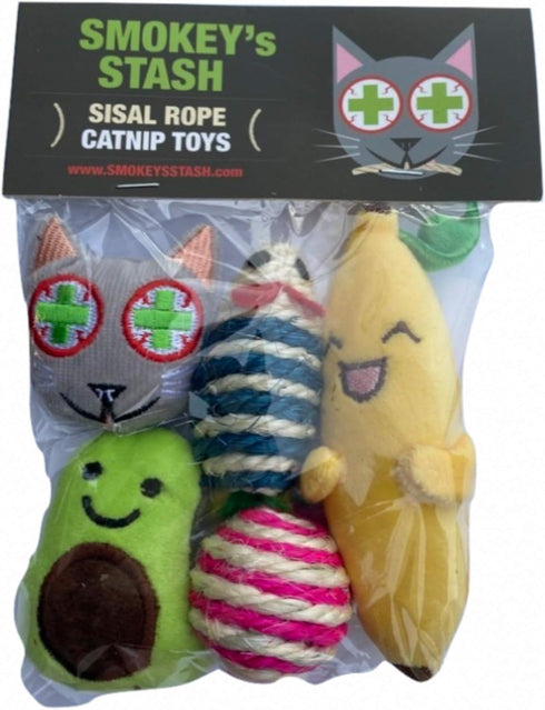 Smokey's Stash Cat Toys - Catnip Filled Banana, Avocado, Sisal Mouse, and Ball for Cats