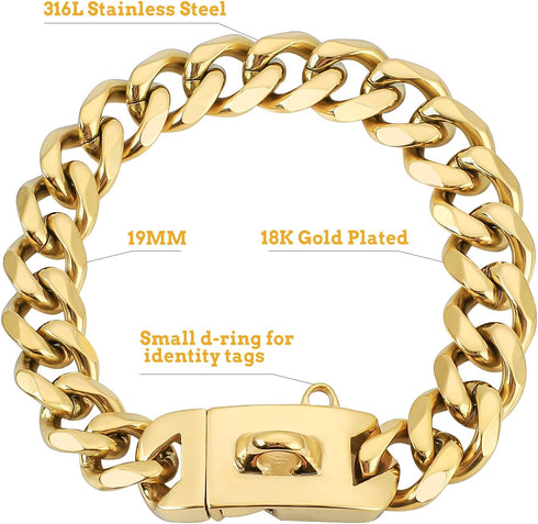 BAOBOTE 19mm Gold Chain Dog Collar - Luxurious Gold Cuban Link with Secure Snap Buckle for Large Pitbulls (22" Gold)