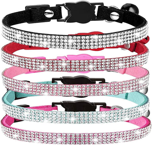 Pimaodog Rhinestones Dog Collar, Cute Sparkling Soft Suede Leather with Bell, Pink