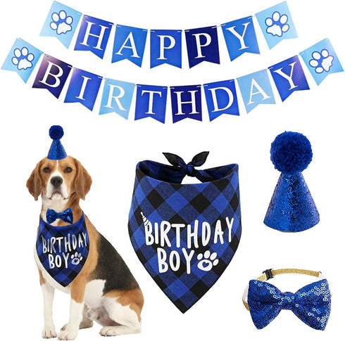 Dog Bandana Hat Scarf Set, Happy Birthday Banner with Cute Bow Tie Collar for Boy Girl Puppy, Classic Plaid Design