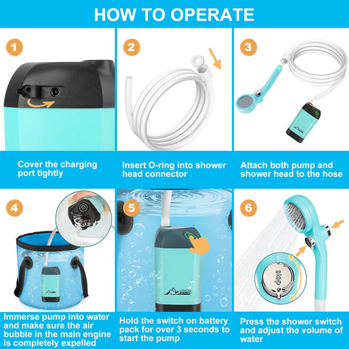 WADEO Portable Camping Shower, Outdoor Electric Rechargeable Pump with 20L Collapsible Bucket