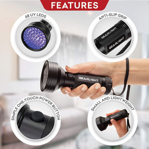 GearLight UV Flashlight Black Light - 68 LED for Pet Urine Detection, Scorpion, Bed Bug, Resin Curing, Carpet Odor