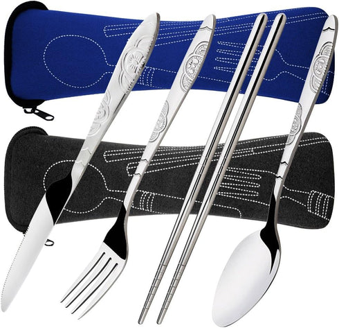 SENHAI 8 Pieces Rustproof Stainless Steel Flatware Set with Knife, Fork, Spoon, Chopsticks, Carrying Case