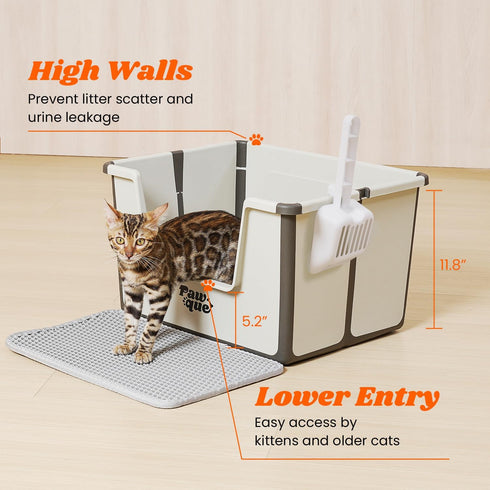 Pawque High Sides Large Cat Litter Box, Low Entry Open Top Foldable Portable Travel Cat Potty Pan with Litter Mat