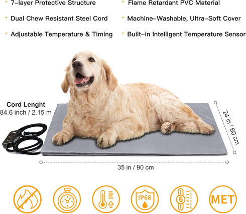 Toozey 6 Adjustable Temperature Pet Heating Pad for Dogs & Cats, Indoor Use, Chew Resistant Cord, Electric Heating Mat
