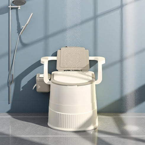 Portable toilet seat with armrests, with lid, with tissue holder, with seat function, robust, easy to clean, no power