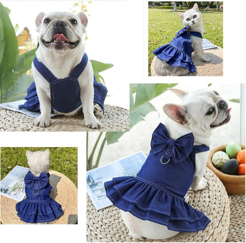 ANIAC Denim Dog Dresses for Small Dogs: Puppy Girl Clothes with Leash Ring and Bow Knot (Dark Blue, X-Small)