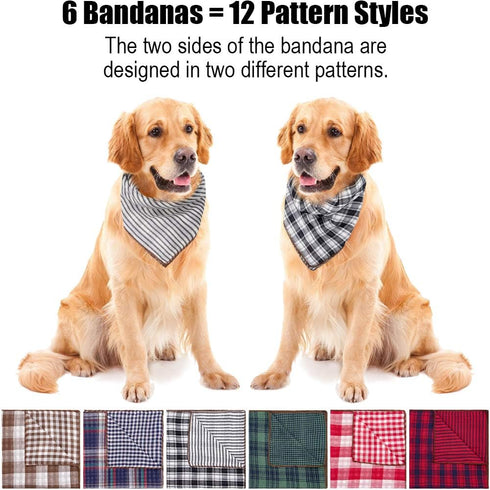 Dog Bandanas - 6PCS Washable Birthday Christmas Gift, Black Blue Red Plaid Printing Adjustable Accessories
