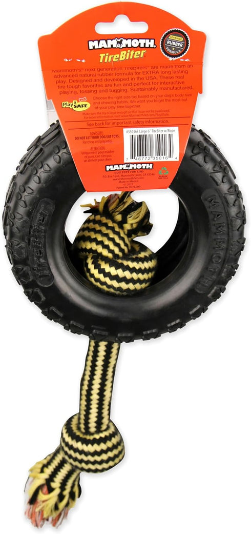 Mammoth TireBiterII with Cotton-Poly Rope - Natural Rubber Dog Toys for Extreme Chewers, Large 6” for Interactive Play