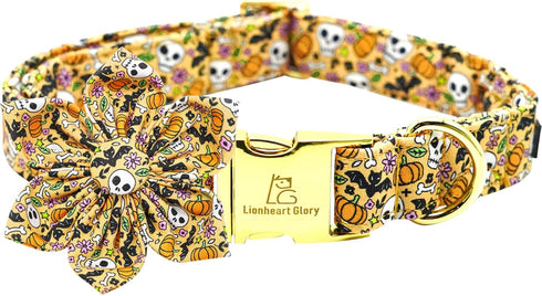 Lionheart glory Halloween Dog Collars with Flower, Adjustable Skull Collar for Small Dogs, Fall Pet Collar