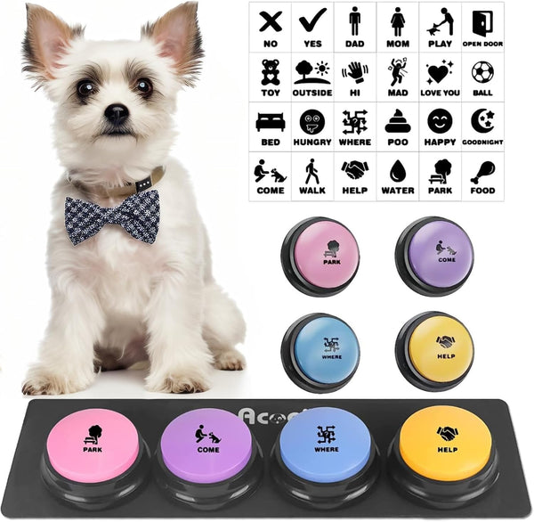 Dog Buttons for Communication, 4 Dog Talking Button Set, 30s Voice Recordable Pet Training Buzzer with Waterproof Mat