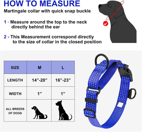 Adjustable Reflective Nylon Martingale Dog Collar, No Pull Choker for Medium Large Dogs, Navy Blue (L)