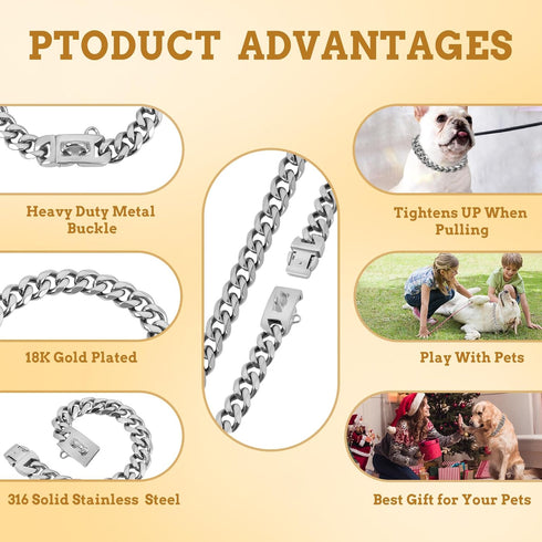 BAOBOTE 15MM Silver Stainless Steel Dog Collar, Heavy Duty Chew Proof Training Collar for Dogs, 14" Silver