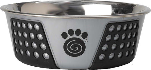 PetRageous Fiji Stainless Steel Non-Slip Dog Bowl 3.75-Cup Capacity, Light Grey and Black