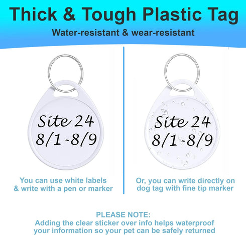 Dog Camping Gear (10pk) - Emergency Double Sided ID Tags with Key Ring - Water-Resistant Pet Tags