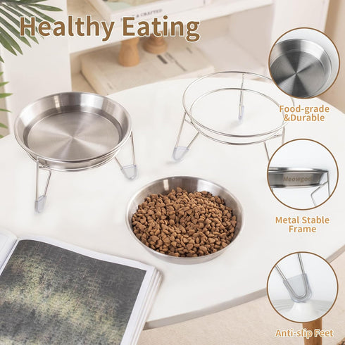 Elevated Cat Bowls, 6.7" Extra Wide Raised Stainless Steel Food Bowls with Anti-Slip Metal Stand for Indoor Cats
