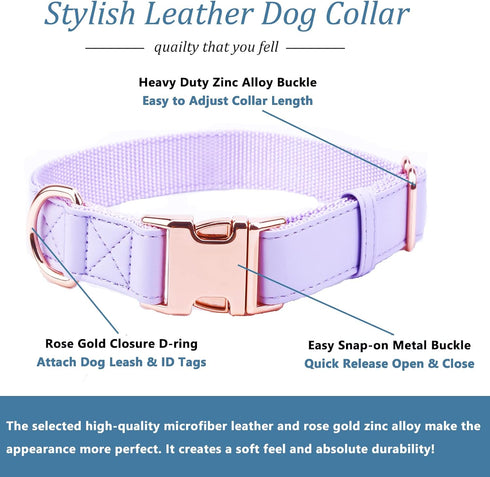 Dog Collar and Leash Set.Soft and Easy to clean vegan Leather with Rose Gold Metal Buckle for Small Medium Large Dogs (Light Purple, M(13.8"-19.7"))