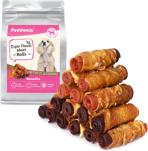 Dog Treats, Triple Flavor Chicken Duck Beef Meat Rolls, Rawhide Free Dog