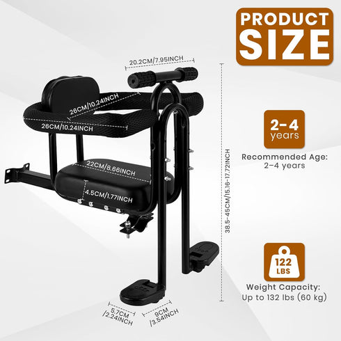 2~4 60 lbs Kids Bike Seat Front Mounted, Child Bike Seat with Foot Pedals and Guardrail, Suitable for Children Years