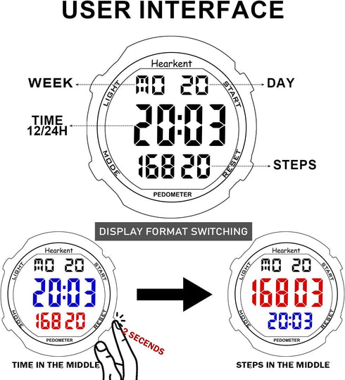 Waterproof Pedometer Watch for Seniors, Non-Bluetooth, No App Required, Steps and Calories Counter with LCD